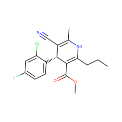 CCCC1=C(C(=O)OC)[C@H](c2ccc(F)cc2Cl)C(C#N)=C(C)N1 ZINC000058568703