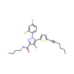 CCCCC#Cc1ccc(-c2c(C)c(C(=O)NCCCC)nn2-c2ccc(Cl)cc2Cl)s1 ZINC000040392979