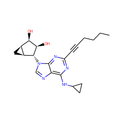 CCCCC#Cc1nc(NC2CC2)c2ncn([C@H]3[C@H](O)[C@H](O)[C@@H]4C[C@@H]43)c2n1 ZINC000103248052