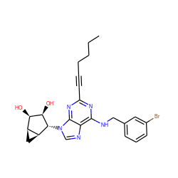 CCCCC#Cc1nc(NCc2cccc(Br)c2)c2ncn([C@H]3[C@H](O)[C@H](O)[C@@H]4C[C@@H]43)c2n1 ZINC000103248057