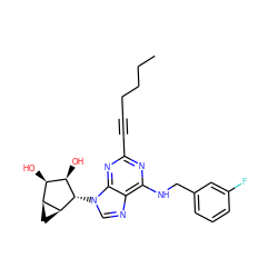 CCCCC#Cc1nc(NCc2cccc(F)c2)c2ncn([C@H]3[C@H](O)[C@H](O)[C@@H]4C[C@@H]43)c2n1 ZINC000103248059