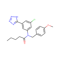 CCCCC(=O)N(Cc1ccc(OC)cc1)c1cc(Cl)cc(-c2nnn[nH]2)c1 ZINC000084654555