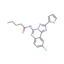 CCCCC(=O)Nc1nc2ccc(Cl)cc2c2nc(-c3ccco3)nn12 ZINC000013672404