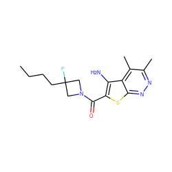 CCCCC1(F)CN(C(=O)c2sc3nnc(C)c(C)c3c2N)C1 ZINC000221840922