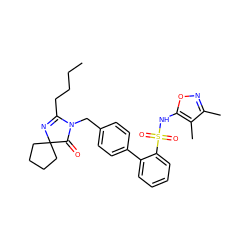 CCCCC1=NC2(CCCC2)C(=O)N1Cc1ccc(-c2ccccc2S(=O)(=O)Nc2onc(C)c2C)cc1 ZINC000027298769