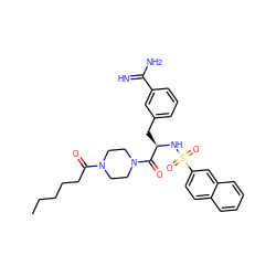 CCCCCC(=O)N1CCN(C(=O)[C@@H](Cc2cccc(C(=N)N)c2)NS(=O)(=O)c2ccc3ccccc3c2)CC1 ZINC000026838941