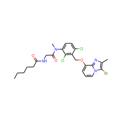 CCCCCC(=O)NCC(=O)N(C)c1ccc(Cl)c(COc2cccn3c(Br)c(C)nc23)c1Cl ZINC000027330071