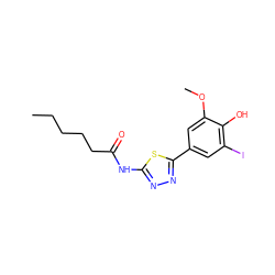 CCCCCC(=O)Nc1nnc(-c2cc(I)c(O)c(OC)c2)s1 ZINC000096916875