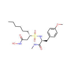 CCCCCC[C@@H](CC(=O)NO)S(=O)(=O)N[C@@H](Cc1ccc(OC)cc1)C(=O)NC ZINC000026400841