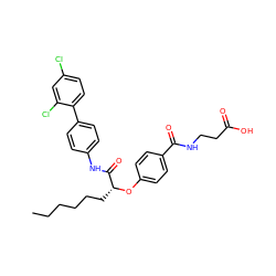 CCCCCC[C@@H](Oc1ccc(C(=O)NCCC(=O)O)cc1)C(=O)Nc1ccc(-c2ccc(Cl)cc2Cl)cc1 ZINC000026179786