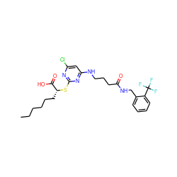 CCCCCC[C@@H](Sc1nc(Cl)cc(NCCCC(=O)NCc2ccccc2C(F)(F)F)n1)C(=O)O ZINC000653895016