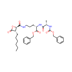 CCCCCC[C@@H]1C(=O)O[C@H]1C(=O)NCCC[C@H](NC(=O)[C@H](C)NC(=O)OCc1ccccc1)C(=O)OCc1ccccc1 ZINC000043177859