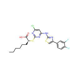 CCCCCC[C@H](Sc1nc(Cl)cc(Nc2nc(-c3ccc(F)c(F)c3)cs2)n1)C(=O)O ZINC000103250151