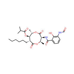 CCCCCC[C@H]1C(=O)O[C@H](C)[C@H](NC(=O)c2cccc(NC=O)c2O)C(=O)O[C@@H](C)[C@@H]1OC(=O)C(C)C ZINC000140308335