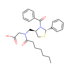 CCCCCCC(=O)N(CC(=O)O)C[C@@H]1CS[C@@H](c2ccccc2)N1C(=O)c1ccccc1 ZINC000029044527