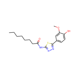 CCCCCCCC(=O)Nc1nnc(-c2ccc(O)c(OC)c2)s1 ZINC000096916864