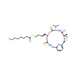 CCCCCCCC(=O)SCC/C=C/[C@@H]1CC(=O)NCc2cccc(n2)C2=N[C@@](C)(CS2)C(=O)N[C@@H](C(C)C)C(=O)O1 ZINC000473108530