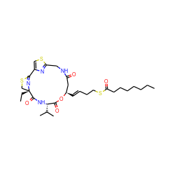 CCCCCCCC(=O)SCC/C=C/[C@@H]1CC(=O)NCc2nc(cs2)C2=N[C@@](CC)(CS2)C(=O)N[C@@H](C(C)C)C(=O)O1 ZINC000070672917