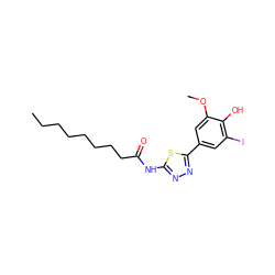 CCCCCCCCC(=O)Nc1nnc(-c2cc(I)c(O)c(OC)c2)s1 ZINC000096916869