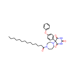 CCCCCCCCCCCCCC(=O)N1CCCN(C2(c3ccc(Oc4ccccc4)cc3)C(=O)NC(=O)NC2=O)CC1 ZINC000095596754