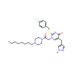 CCCCCCCCN1CCN(C(=O)Cn2cc(Cc3cnn(C)c3)c(=O)nc2SCc2ccc(F)cc2)CC1 ZINC000049590182