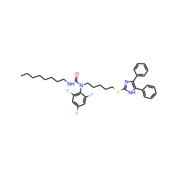 CCCCCCCCNC(=O)N(CCCCCSc1nc(-c2ccccc2)c(-c2ccccc2)[nH]1)c1c(F)cc(F)cc1F ZINC000036331437