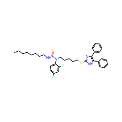 CCCCCCCCNC(=O)N(CCCCCSc1nc(-c2ccccc2)c(-c2ccccc2)[nH]1)c1ccc(F)cc1F ZINC000036331425