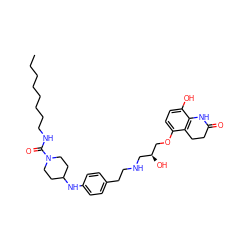 CCCCCCCCNC(=O)N1CCC(Nc2ccc(CCNC[C@H](O)COc3ccc(O)c4c3CCC(=O)N4)cc2)CC1 ZINC000038155200