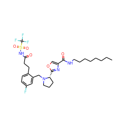 CCCCCCCCNC(=O)c1coc([C@@H]2CCCN2Cc2cc(F)ccc2CCC(=O)NS(=O)(=O)C(F)(F)F)n1 ZINC000114360475