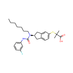 CCCCCCCN(C(=O)Nc1cccc(F)c1)[C@@H]1Cc2ccc(SC(C)(C)C(=O)O)cc2C1 ZINC000043606222