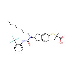 CCCCCCCN(C(=O)Nc1ccccc1C(F)(F)F)[C@@H]1Cc2ccc(SC(C)(C)C(=O)O)cc2C1 ZINC000044093848