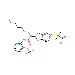 CCCCCCCN(C(=O)Nc1ccccc1OC(F)(F)F)[C@@H]1Cc2ccc(SC(C)(C)C(=O)O)cc2C1 ZINC000044138009