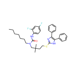 CCCCCCCN(CC(C)(C)CCSc1nc(-c2ccccc2)c(-c2ccccc2)[nH]1)C(=O)Nc1ccc(F)cc1F ZINC000036331440