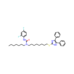 CCCCCCCN(CCCCCCCCSc1nc(-c2ccccc2)c(-c2ccccc2)[nH]1)C(=O)Nc1ccc(F)cc1F ZINC000014243307