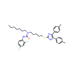 CCCCCCCN(CCCCCSc1nc(-c2ccc(C)cc2)c(-c2ccc(C)cc2)[nH]1)C(=O)Nc1ccc(F)cc1F ZINC000036330827