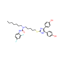 CCCCCCCN(CCCCCSc1nc(-c2ccc(O)cc2)c(-c2ccc(O)cc2)[nH]1)C(=O)Nc1ccc(F)cc1F ZINC000036330791