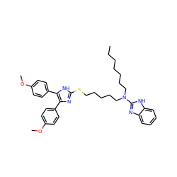 CCCCCCCN(CCCCCSc1nc(-c2ccc(OC)cc2)c(-c2ccc(OC)cc2)[nH]1)c1nc2ccccc2[nH]1 ZINC000014277842