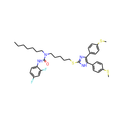 CCCCCCCN(CCCCCSc1nc(-c2ccc(SC)cc2)c(-c2ccc(SC)cc2)[nH]1)C(=O)Nc1ccc(F)cc1F ZINC000049599947