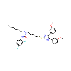 CCCCCCCN(CCCCCSc1nc(-c2cccc(OC)c2)c(-c2cccc(OC)c2)[nH]1)C(=O)Nc1ccc(F)cc1F ZINC000049600077