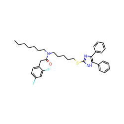 CCCCCCCN(CCCCCSc1nc(-c2ccccc2)c(-c2ccccc2)[nH]1)C(=O)Cc1ccc(F)cc1F ZINC000036331455