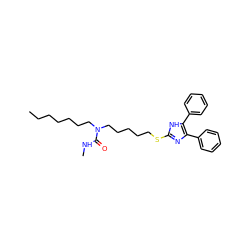 CCCCCCCN(CCCCCSc1nc(-c2ccccc2)c(-c2ccccc2)[nH]1)C(=O)NC ZINC000036331423