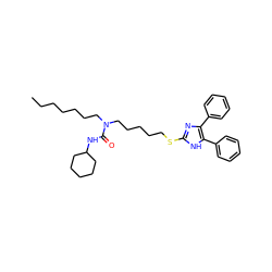 CCCCCCCN(CCCCCSc1nc(-c2ccccc2)c(-c2ccccc2)[nH]1)C(=O)NC1CCCCC1 ZINC000038148174