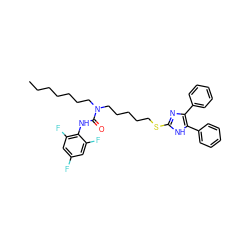 CCCCCCCN(CCCCCSc1nc(-c2ccccc2)c(-c2ccccc2)[nH]1)C(=O)Nc1c(F)cc(F)cc1F ZINC000036331402