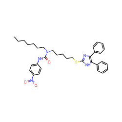 CCCCCCCN(CCCCCSc1nc(-c2ccccc2)c(-c2ccccc2)[nH]1)C(=O)Nc1ccc([N+](=O)[O-])cc1 ZINC000036331390