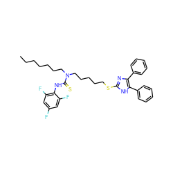 CCCCCCCN(CCCCCSc1nc(-c2ccccc2)c(-c2ccccc2)[nH]1)C(=S)Nc1c(F)cc(F)cc1F ZINC000036331412