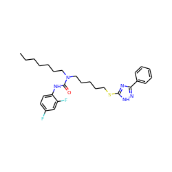 CCCCCCCN(CCCCCSc1nc(-c2ccccc2)n[nH]1)C(=O)Nc1ccc(F)cc1F ZINC000036330905