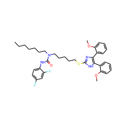 CCCCCCCN(CCCCCSc1nc(-c2ccccc2OC)c(-c2ccccc2OC)[nH]1)C(=O)Nc1ccc(F)cc1F ZINC000049853410