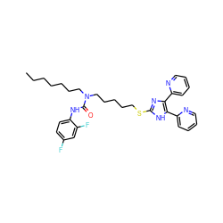 CCCCCCCN(CCCCCSc1nc(-c2ccccn2)c(-c2ccccn2)[nH]1)C(=O)Nc1ccc(F)cc1F ZINC000036330796