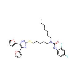 CCCCCCCN(CCCCCSc1nc(-c2ccco2)c(-c2ccco2)[nH]1)C(=O)Nc1ccc(F)cc1F ZINC000036330803