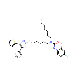 CCCCCCCN(CCCCCSc1nc(-c2cccs2)c(-c2cccs2)[nH]1)C(=O)Nc1ccc(F)cc1F ZINC000036330793